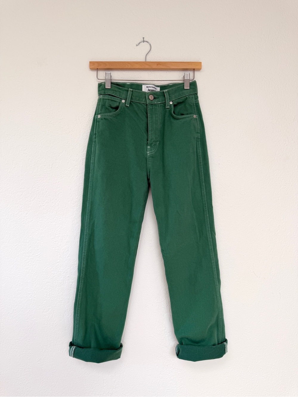 REFORMATION cowboy high rise straight leg jeans in grass green / size 24